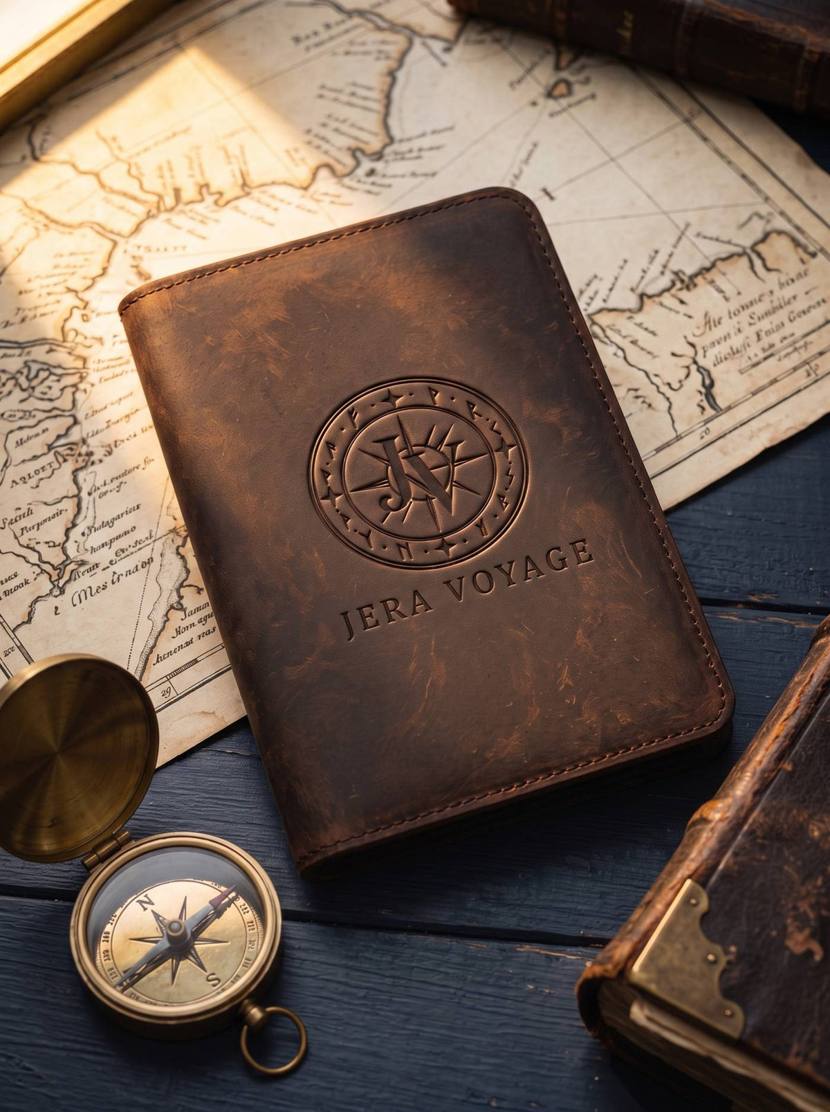 The Heritage passport cover on an antique nautical chart beside a brass compass