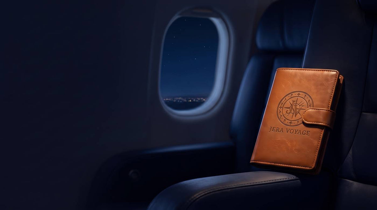 The Voyager in cognac resting on a private jet armrest at night