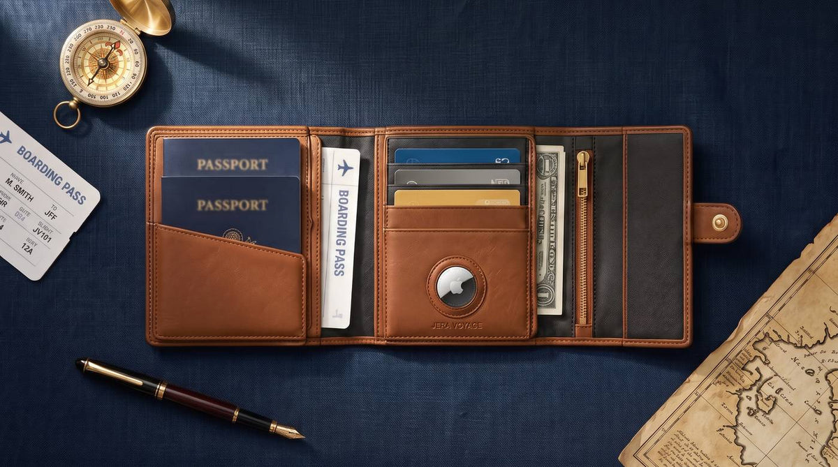 The Voyager passport wallet opened flat, holding two passports, a boarding pass, cards, cash and an AirTag
