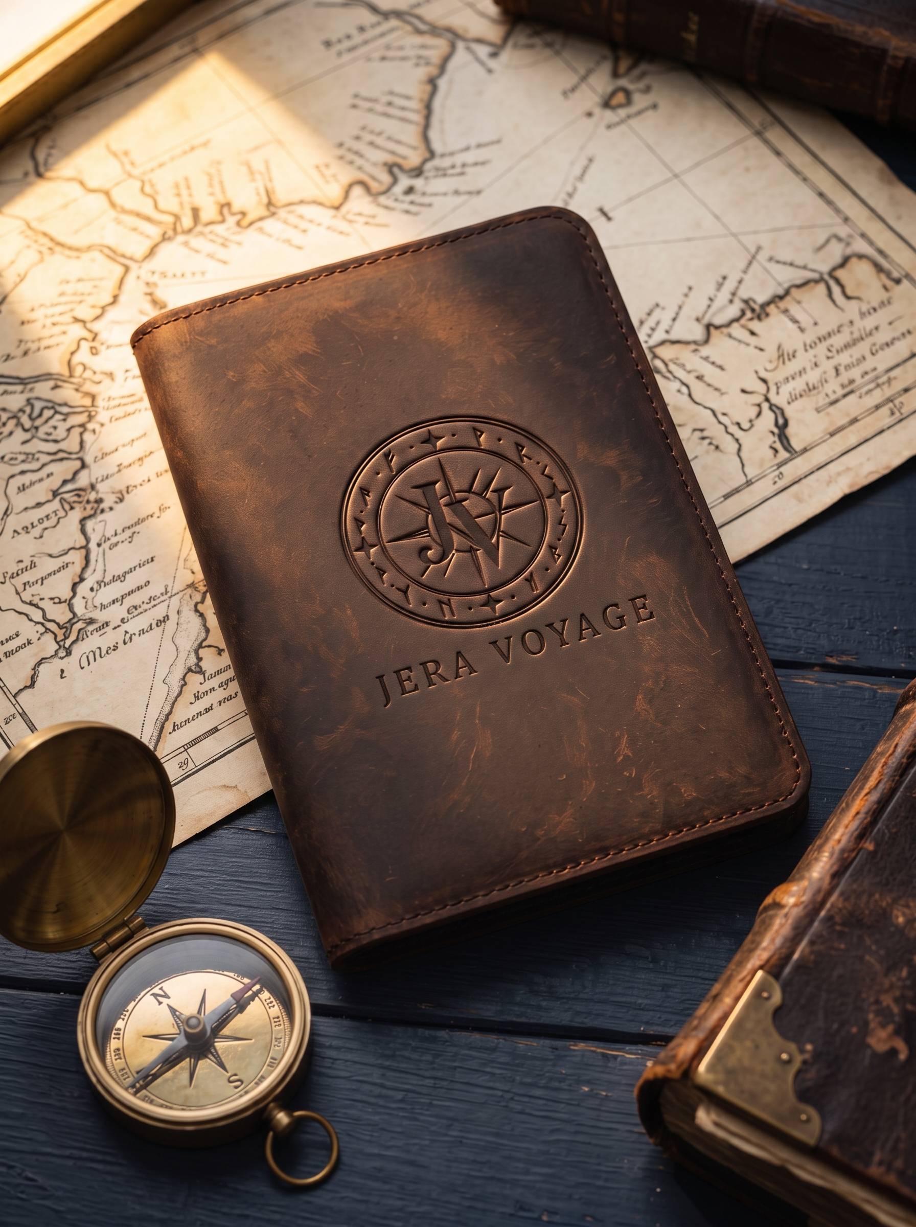 The Heritage passport cover in waxed espresso leather, debossed with the Jera Voyage seal, on an antique nautical chart