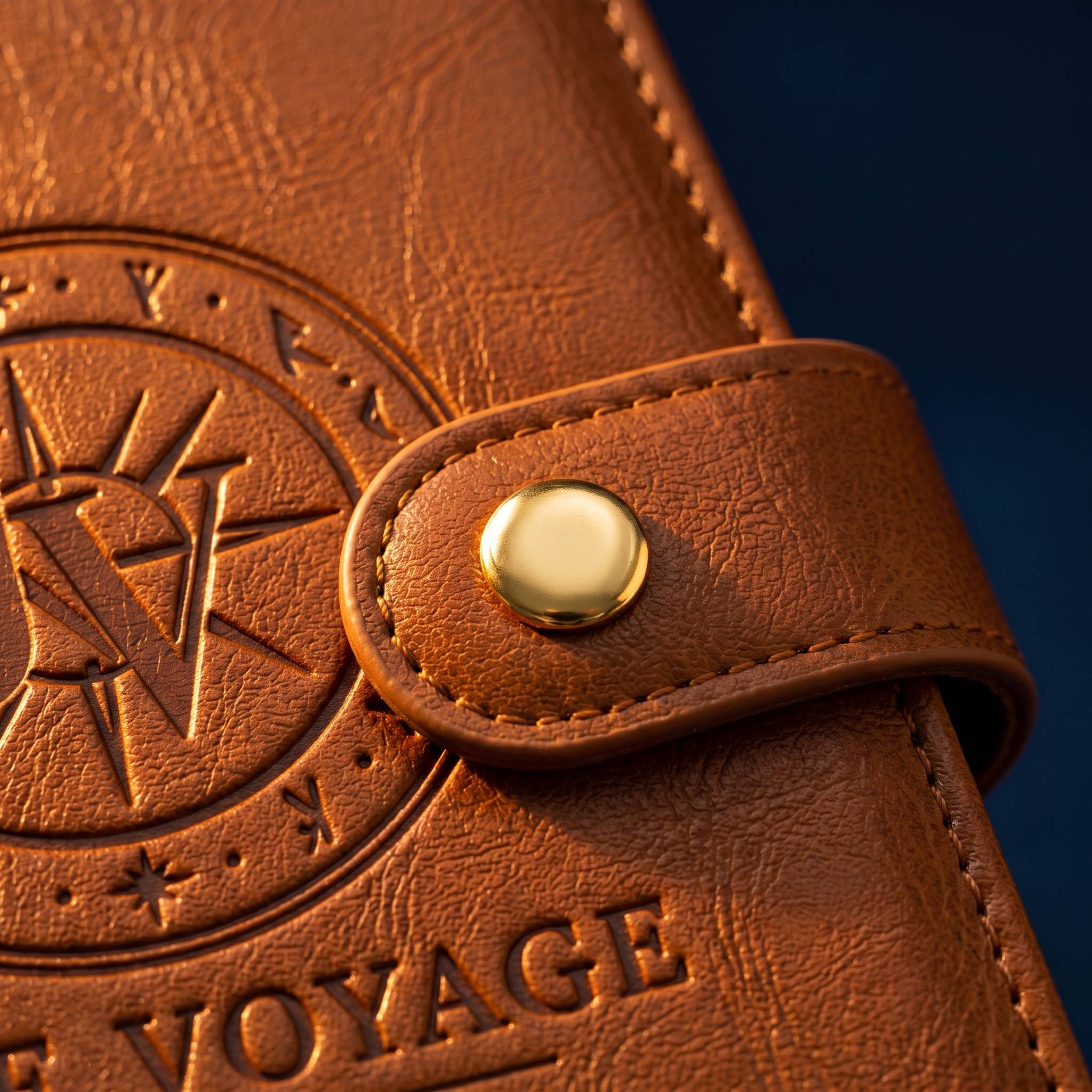 Close-up of the Voyager snap closure and debossed Jera Voyage seal