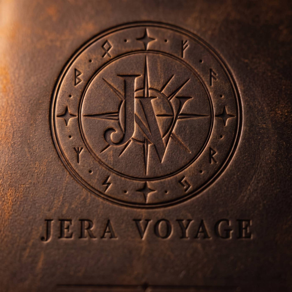 Close-up of the Jera Voyage seal debossed into waxed leather